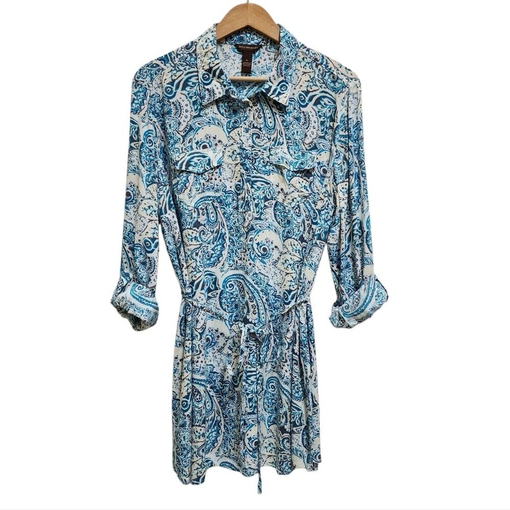 Bit & Bridle Teal Blue Cream Paisley Roll Tab Long Slv Shirt Dress XL Western
